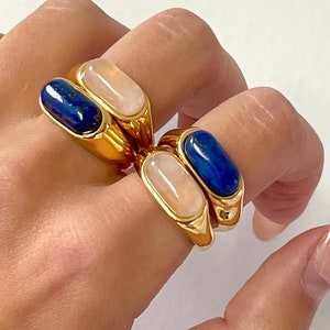 Chunky Lapis Lazuli/African Jade Statement Ring - 18K Gold Plated, Resizable Stackable Fashion Ring
