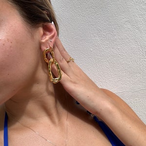 Chunky gold earrings, dangle earrings gold boho, chunky gold hammered vintage earrings, dangle drop gold earrings, statement earrings large image 2