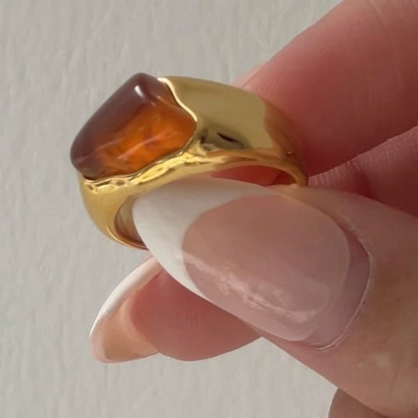 Gemstone Ring, statement ring irregular chunky gemstone ring, agate ring, 18k gold filled ring, natural gemstone ring, thick gold band agate