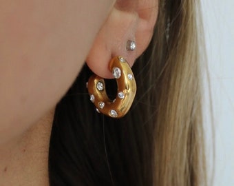 Pave Hoop Earrings, gold sparkle earrings, irregular gold hoops, cz hoop earrings, luxury gold hoop thick, trendy hoops, unique earrings,