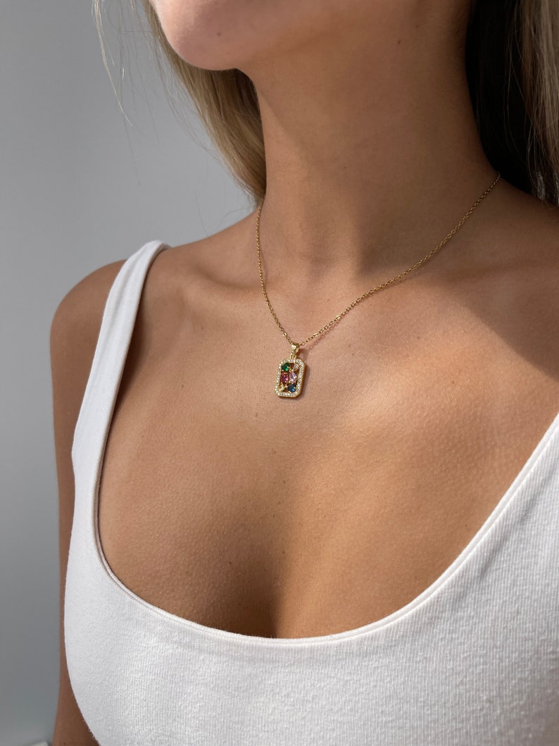 Irregular Gemstone Necklace, colorful stone necklace, minimalist square pendant, square gold pendant, pendant necklace layering, gemstone image 8