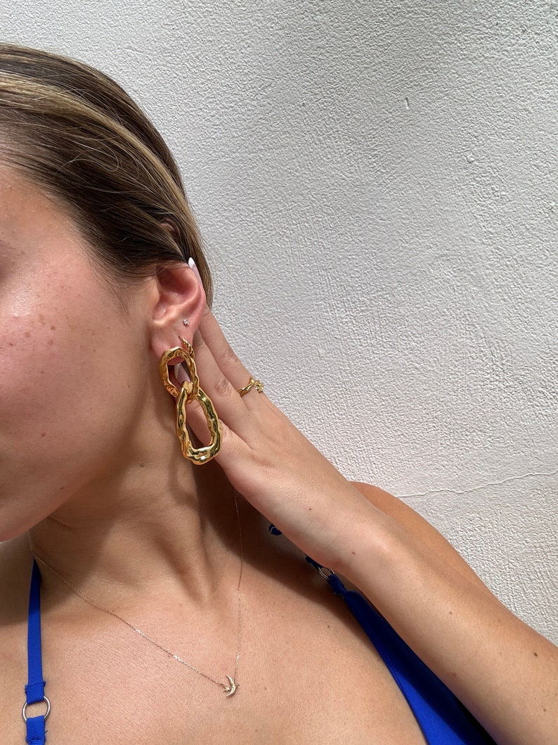 Chunky gold earrings, dangle earrings gold boho, chunky gold hammered vintage earrings, dangle drop gold earrings, statement earrings large image 2