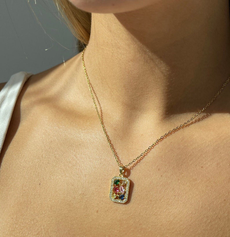 Irregular Gemstone Necklace, colorful stone necklace, minimalist square pendant, square gold pendant, pendant necklace layering, gemstone image 7