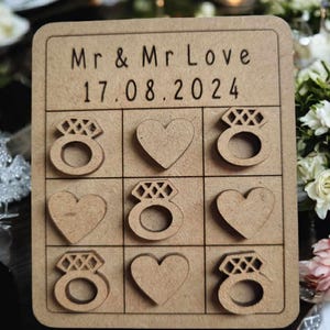 Wedding Games mini favour Noughts & Crosses, Ring toss, Jig saw, flick ball, mdf Wedd  Rings & Hearts