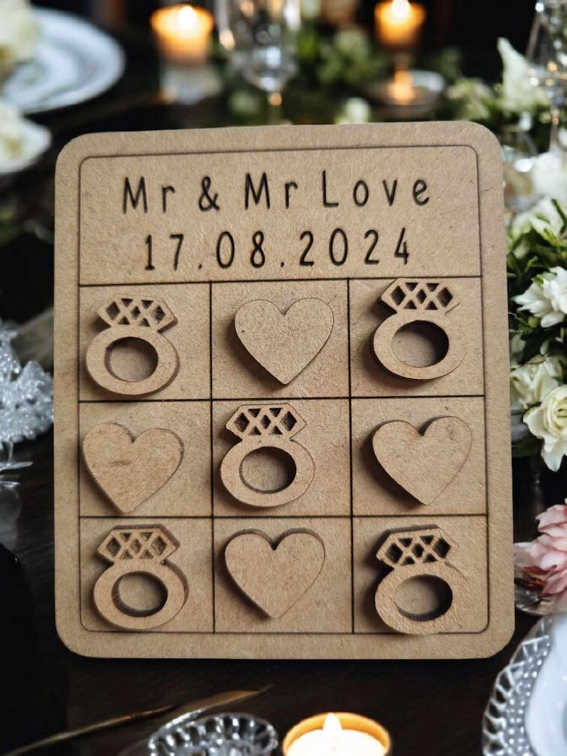Wedding Games mini favour Noughts & Crosses, Ring toss, Jig saw, flick ball, mdf Wedd  Rings & Hearts
