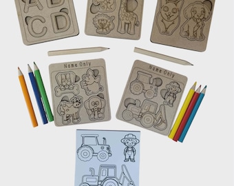 Personalised Activity Pack For Kids Wedding Favour Gift Table Games Colouring wood and Pages