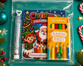 Personalised Christmas Colouring mini Book with Pencils, Bubbles & stickers