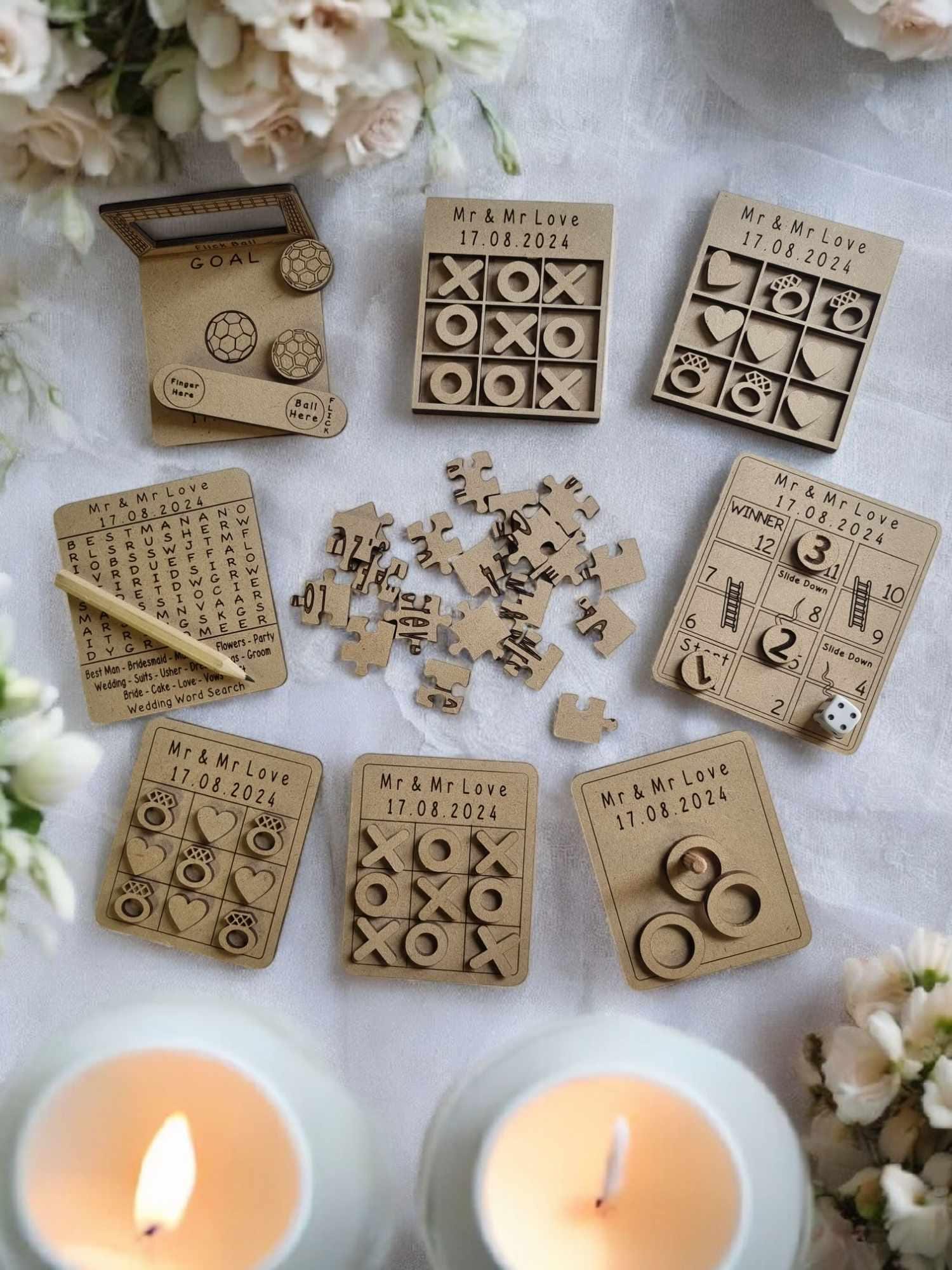 Wedding Games mini favour Noughts & Crosses, Ring toss, Jig saw, flick ball, mdf