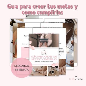 Puede incluir: Una pila de guías digitales con el texto "Guía para crear tus metas y como cumplirlas" y "Descarga Inmediata". Las guías tienen un esquema de color rosa y blanco, con imágenes de una computadora portátil y una taza de café.