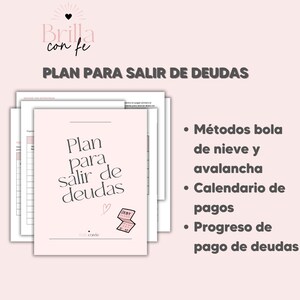 Puede incluir: Un planificador rosa y blanco titulado "Plan para salir de deudas" con un corazón y un gráfico de deuda. El planificador incluye secciones para los métodos de bola de nieve y avalancha, un calendario de pagos y el progreso de la deuda.