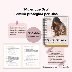Puede incluir: Imagen de un cuaderno espiralado con el título "Mujer que Ora" y la frase "Familia protegida por Dios". La portada muestra una ilustración de una mujer rezando. También incluye texto sobre un devocionario para mujeres.