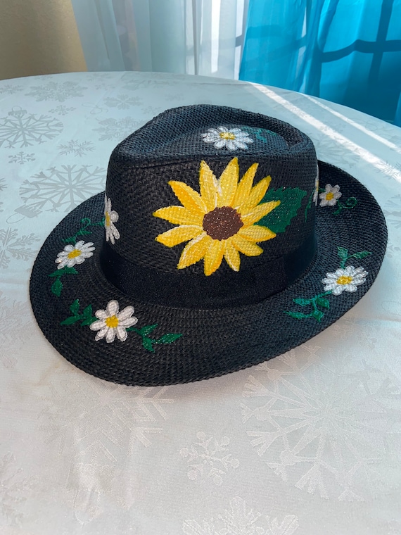 Hand-Painted Sunflower Black Hat Rancher Hat Custom Burned with Sunflowers - Black main image 3