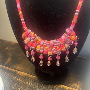 Bright Colorful Fabric Necklace, Pink, Red Crystal Vintage