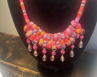 Bright Colorful Fabric Necklace, Pink, Red Crystal Vintage