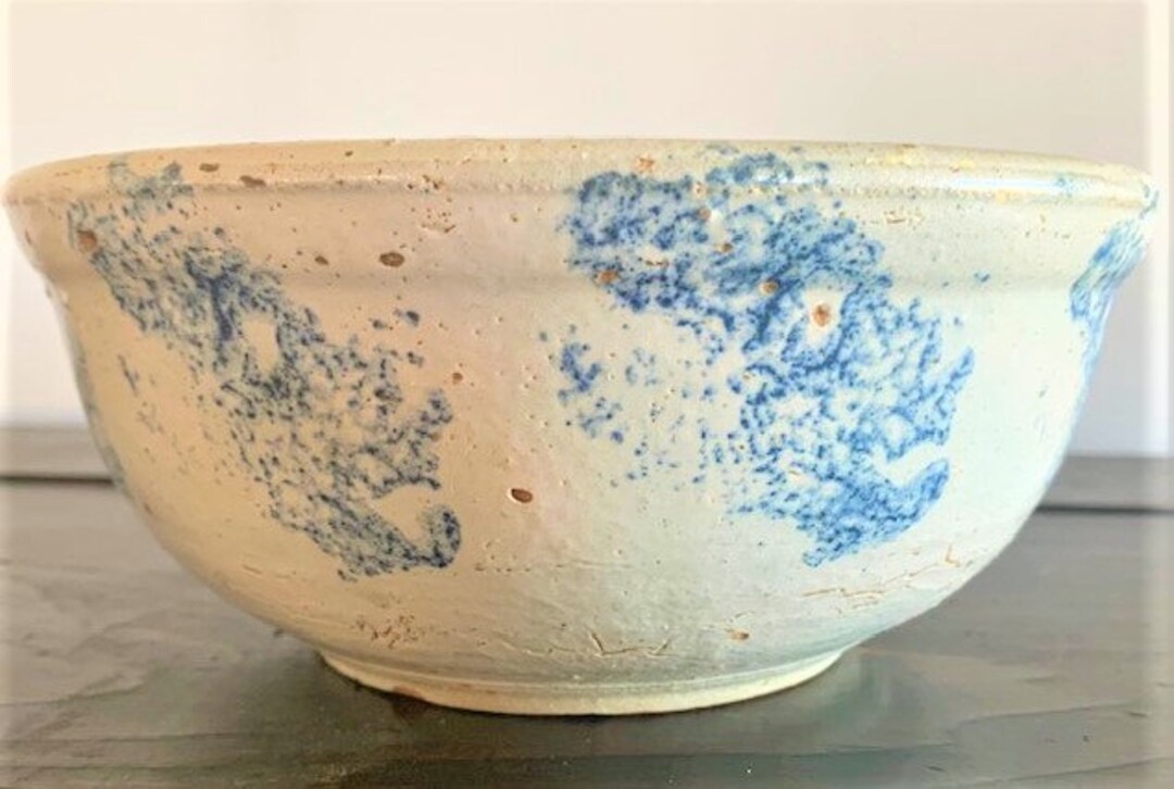 Antique Blue Spongeware Serving Bowl, Ceramic Farmhouse Decor Etsy