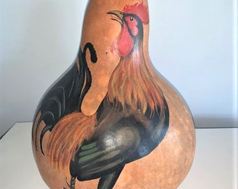 Hand Painted Gourd, Rooster Large Fall Decor Signed by Artist