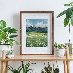 Wiesen und Berglandschaft Handgemaltes Aquarellbild Fine Art Print und Original Landschaftsmalerei Sommer Natur Blumenwiese Bergwiese Bild 1