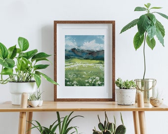 Wiesen- und Berglandschaft - Handgemaltes Aquarellbild | Fine Art Print und Original | Landschaftsmalerei Sommer Natur Blumenwiese Bergwiese