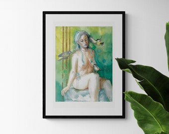 The Rest - Handpainted Watercolor Illustration | Limited Fine Art Print | Self Care Mindfulness Woman Nude Green Yellow Birds Calm Soothing