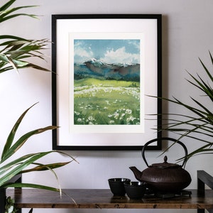 Wiesen und Berglandschaft Handgemaltes Aquarellbild Fine Art Print und Original Landschaftsmalerei Sommer Natur Blumenwiese Bergwiese Bild 5