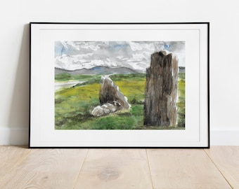 Scottish Standing Stones - Handpainted Watercolor Illustration | Limited Fine Art Print | scotland poster | sheep isle of lewis harris