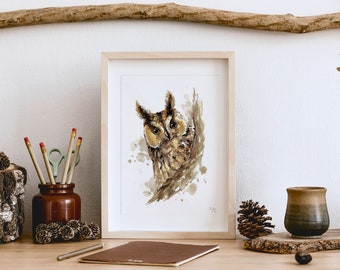 Brown Owl - Hand-Painted Watercolor Painting | Bird Print | Art Print | Forest Animals Art | Animal Poster | Animal Lover | Bird of Prey