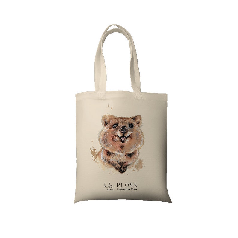 100% cotton bag with cute watercolor animals with high-quality DTF print Bee Squirrel Quokka Otter Fox long handle image 4
