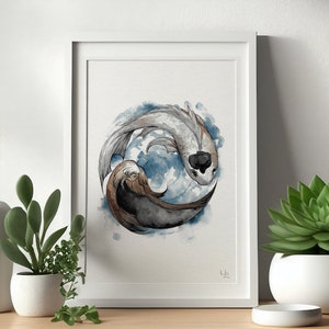 Chaos & Order - Handgemalte Aquarell Illustration | Limited Fine Art Print | Yin Yang Koi Fische Blau Niedliche Illustration Zen Mädchen