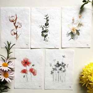 5 Botanical Postcards on Flower Seed Paper Handpainted Watercolor Illustration Print eco-friendly Flower Poppy Eucalyptus Cotton image 1