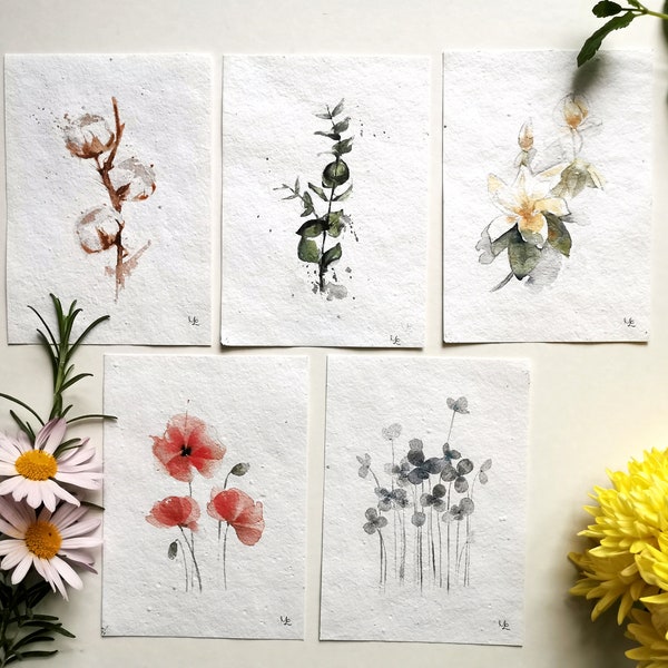 5 Botanische Postkarten auf Blumensamenpapier - Handgemalte Aquarell Illustrationen Durck | eco-friendly | Blume Mohn Eukalyptus Baumwolle