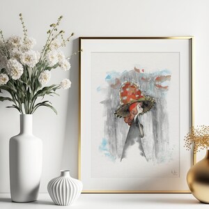 Umbrella - Handgemalte Aquarell Illustration | Limited Fine Art Print | Regenschirm Positiv Niedliches Mädchen Fantasie Herbst Regen Pilz