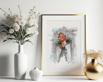 Umbrella - Handpainted Watercolor Illustration | Limited Fine Art Print | cute girl mushroom fall fantasy rain positive vibes autumn orange