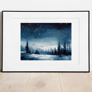 Night landscape Hand-painted watercolor painting Fine Art Print Nature Starry sky landscape painting night snow forest watercolor landscape image 4