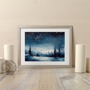 Nachtlandschaft - Handgemaltes Aquarellbild | Fine Art Print Natur | Sternenhimmel Landschaftsmalerei Nacht Schnee Wald Aquarelllandschaft
