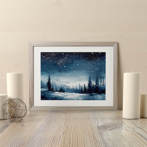 Night landscape Hand-painted watercolor painting Fine Art Print Nature Starry sky landscape painting night snow forest watercolor landscape image 1