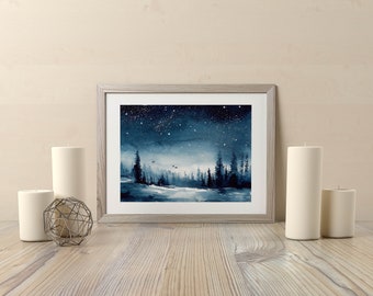 Night landscape - Hand-painted watercolor painting | Fine Art Print Nature | Starry sky landscape painting night snow forest watercolor landscape