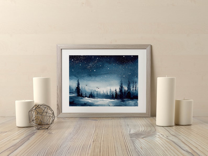 Night landscape Hand-painted watercolor painting Fine Art Print Nature Starry sky landscape painting night snow forest watercolor landscape image 1