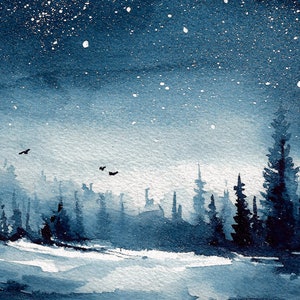 Night landscape Hand-painted watercolor painting Fine Art Print Nature Starry sky landscape painting night snow forest watercolor landscape image 3