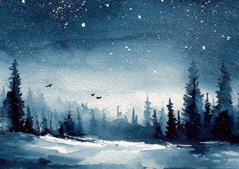 Night landscape Hand-painted watercolor painting Fine Art Print Nature Starry sky landscape painting night snow forest watercolor landscape image 3