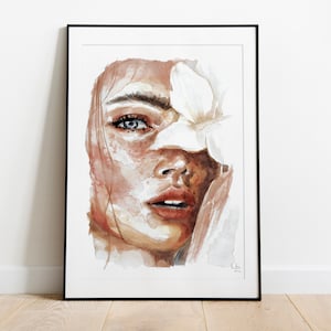 White Lily - Handgemalte Aquarell Illustration | Fine Art Print | Geschenk | Sinnlich Frau Floral Blumen Gesicht Lilie