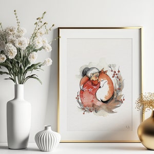 Cozy Fox - Handgemalte Aquarell Illustration | Limited Fine Art Print | Fuchs Mädchen Gemütlich Rot Braun Cozy Herbst Winter Fantasie Cute