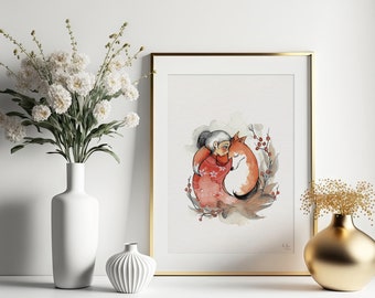 Winter Fox - Handpainted Watercolor Illustration | Limited Fine Art Print | Warm Cozy Cute Girl Nursery Red Autumn Winter Fantasy Animal