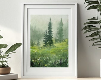 Nebelige Wiesenlandschaft - Handgemaltes Aquarellbild | Fine Art Print | Geschenk | Landschaftsmalerei Wald Tannen Natur Blumenwiese Berge