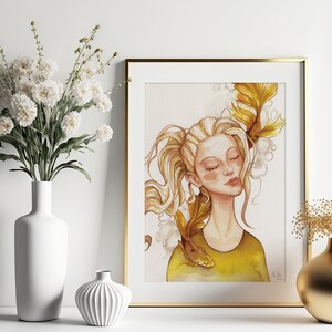 Golden Smile -  Handgemalte Aquarell Illustration | Limited Fine Art Print | Geschenk | Glück Koifisch Poster Gold Fische Mädchen Asiatisch