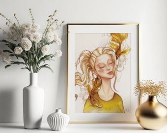 Golden Smile - Handpainted Watercolor Illustration | Limited Fine Art Print | koi fish poster fortune love cute girl painting soothing gold
