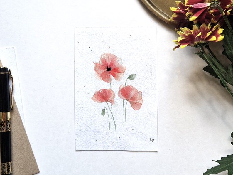5 Botanical Postcards on Flower Seed Paper Handpainted Watercolor Illustration Print eco-friendly Flower Poppy Eucalyptus Cotton image 7