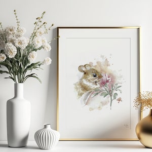 Field Mouse Hand Painted Watercolor Illustration Limited Fine Art Print Mouse Rodent Cute Pink Animal Poster image 1