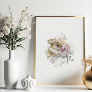 Field Mouse Hand Painted Watercolor Illustration Limited Fine Art Print Mouse Rodent Cute Pink Animal Poster image 1