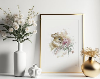 Field Mouse - Hand Painted Watercolor Illustration | Limited Fine Art Print | Mouse Rodent Cute Pink Animal Poster