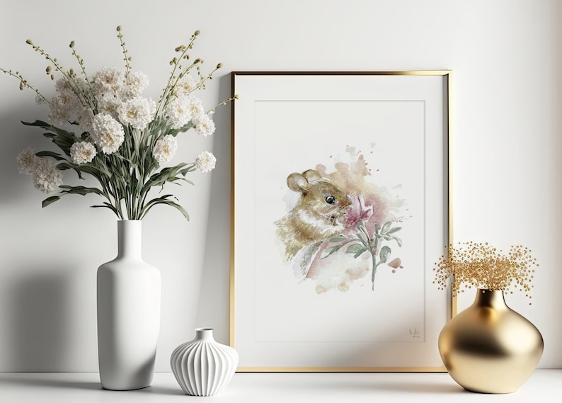 Field Mouse Hand Painted Watercolor Illustration Limited Fine Art Print Mouse Rodent Cute Pink Animal Poster image 1